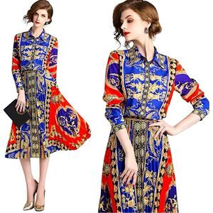 Sz M Ferrara Jaguar and Italian Printed Blouse & Pleated Skirt SET NWT $135 MSRP